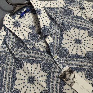 Teddy Stratford Shirt Men's 6 (XXL) Blue White Bandana Print Linen Zip Fit NWT